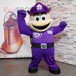 Purple Fire Fighter mascot costume character dressed with a Tank Top and Headbands