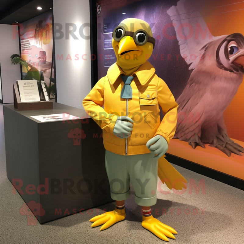 Lemon Yellow Passenger Pigeon mascot costume character dressed with a Bomber Jacket and Clutch bags