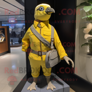 Lemon Yellow Passenger Pigeon mascot costume character dressed with a Bomber Jacket and Clutch bags