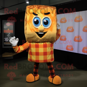 Orange Grilled Cheese Sandwich mascot costume character dressed with a Flannel Shirt and Lapel pins