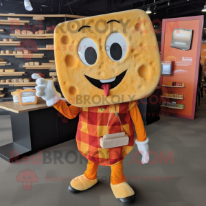 Orange Grilled Cheese Sandwich mascot costume character dressed with a Flannel Shirt and Lapel pins