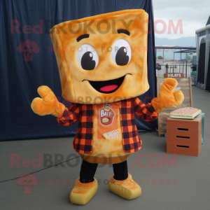 Orange Grilled Cheese Sandwich mascot costume character dressed with a Flannel Shirt and Lapel pins