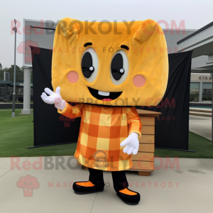 Orange Grilled Cheese Sandwich mascot costume character dressed with a Flannel Shirt and Lapel pins