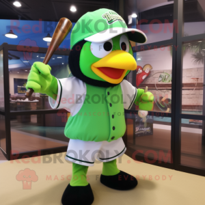 Lime Green Toucan mascot costume character dressed with a Baseball Tee and Earrings