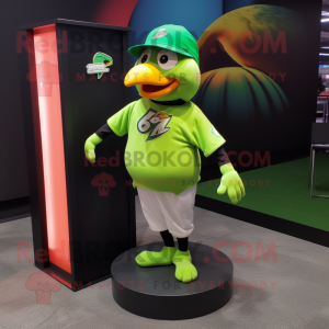 Lime Green Toucan mascot costume character dressed with a Baseball Tee and Earrings