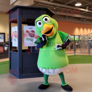 Lime Green Toucan mascot costume character dressed with a Baseball Tee and Earrings