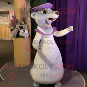 Lavender Weasel mascot costume character dressed with a Wedding Dress and Caps