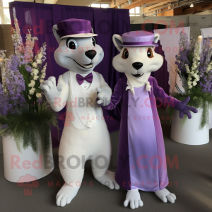 Personaje de disfraz de mascota Lavender Weasel vestido con un vestido de novia y gorras