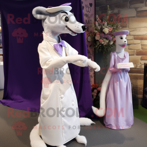 Lavender Weasel mascot costume character dressed with a Wedding Dress and Caps