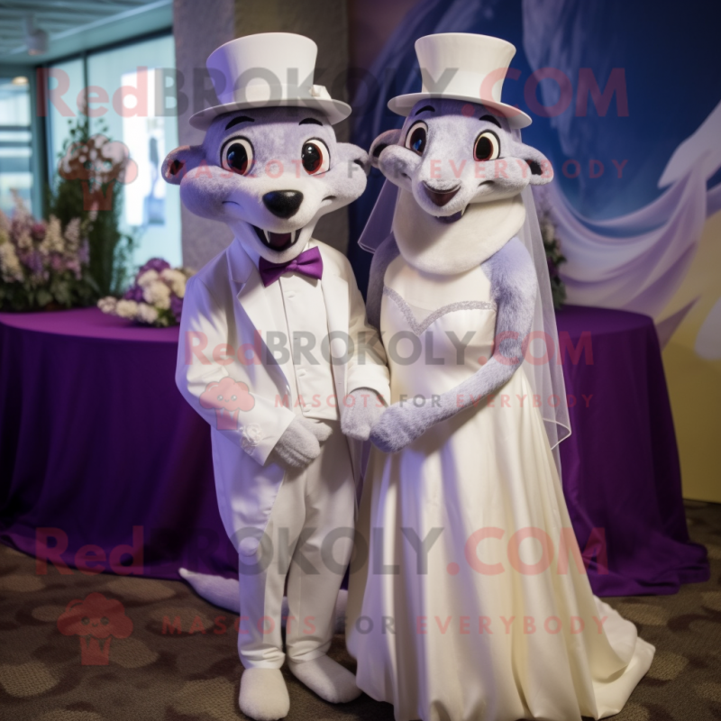 Lavender Weasel mascot costume character dressed with a Wedding Dress and Caps