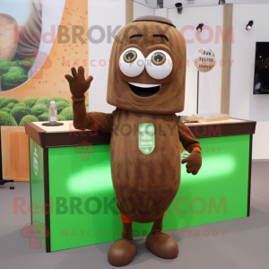 Personaje de disfraz de mascota calabacín marrón vestido con una sudadera y gemelos