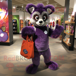 Purple Lemur mascot costume character dressed with a Sweater and Tote bags