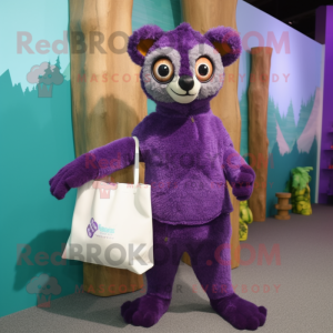 Purple Lemur mascot costume character dressed with a Sweater and Tote bags