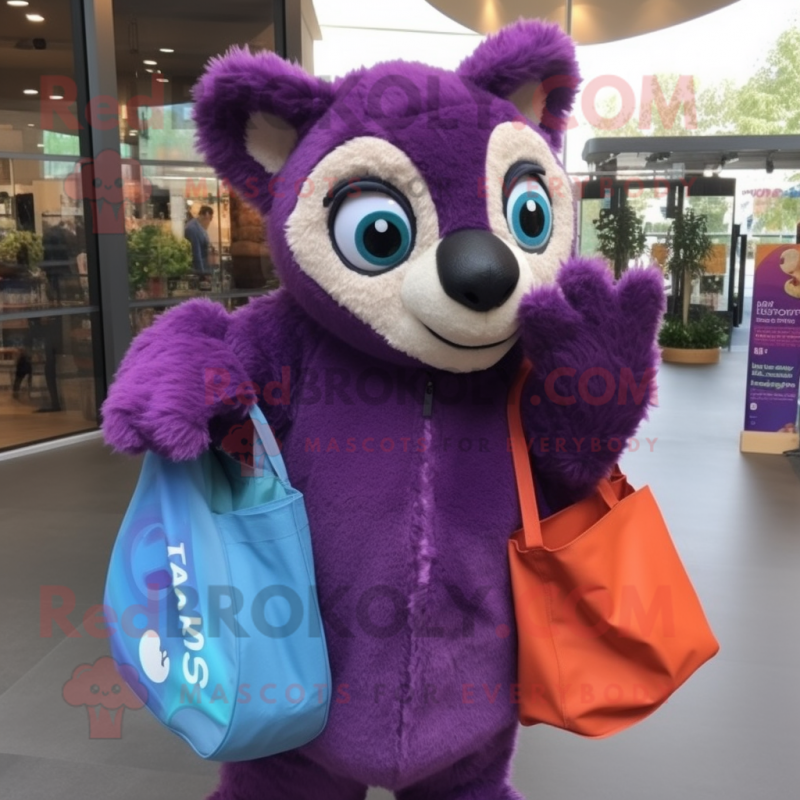 Purple Lemur mascot costume character dressed with a Sweater and Tote bags Purple Lemur mascot costume character dressed with a Sweater and Tote bags