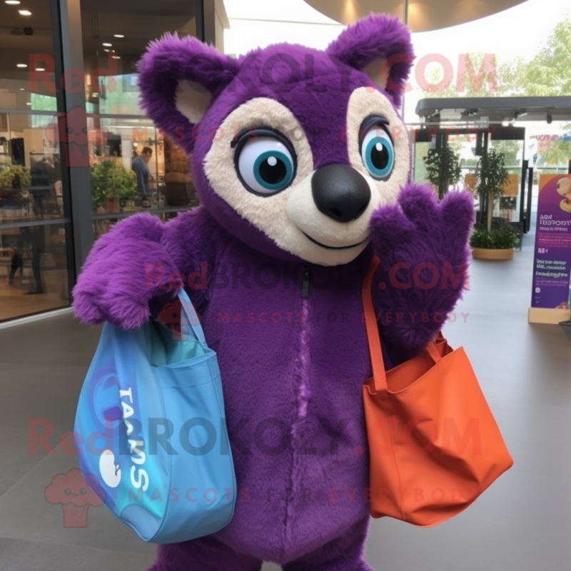 Purple Lemur mascot costume character dressed with a Sweater and Tote bags