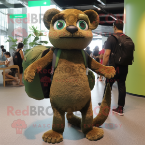 Olive Jaguarundi mascot costume character dressed with a Bodysuit and Backpacks