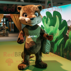 Olive Jaguarundi mascot costume character dressed with a Bodysuit and Backpacks