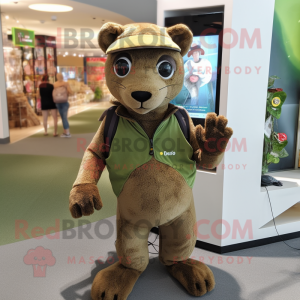 Olive Jaguarundi mascot costume character dressed with a Bodysuit and Backpacks