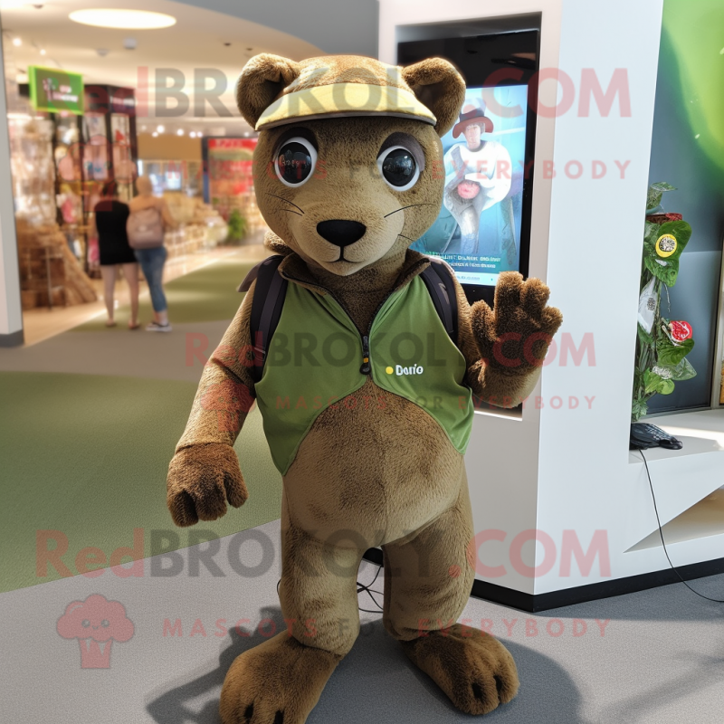 Olive Jaguarundi mascot costume character dressed with a Bodysuit and Backpacks Olive Jaguarundi mascot costume character dressed with a Bodysuit and Backpacks