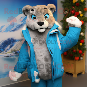 Sky Blue Mountain Lion mascot costume character dressed with a Parka and Scarf clips