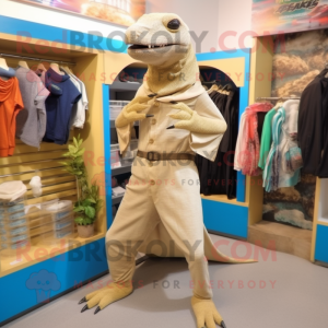 Beige Komodo Dragon mascot costume character dressed with a Capri Pants and Scarf clips