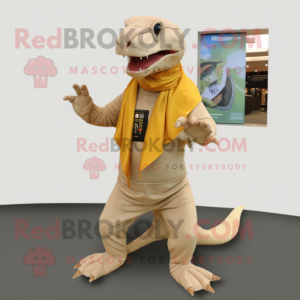 Beige Komodo Dragon mascot costume character dressed with a Capri Pants and Scarf clips