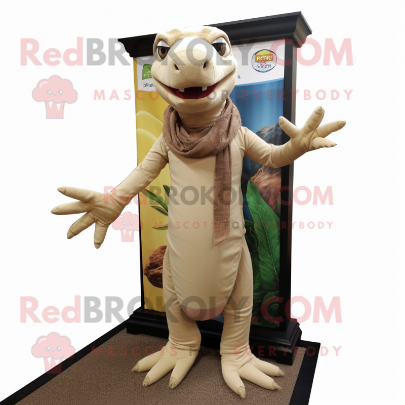 Beige Komodo Dragon mascot costume character dressed with a Capri Pants and Scarf clips Beige Komodo Dragon mascot costume character dressed with a Capri Pants and Scarf clips