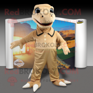 Beige Komodo Dragon mascot costume character dressed with a Capri Pants and Scarf clips