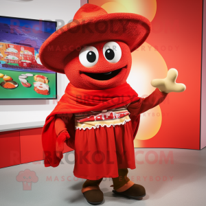 Red Fajitas mascot costume character dressed with a Wrap Skirt and Mittens