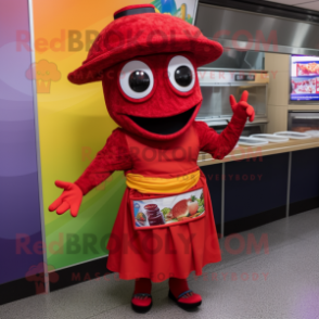 Red Fajitas mascot costume character dressed with a Wrap Skirt and Mittens