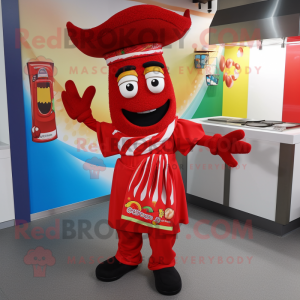 Personaje de disfraz de mascota de Fajitas rojas vestido con una falda cruzada y mitones