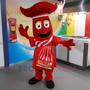 Red Fajitas mascot costume character dressed with a Wrap Skirt and Mittens