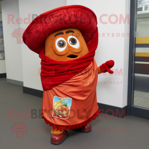 Red Fajitas mascot costume character dressed with a Wrap Skirt and Mittens