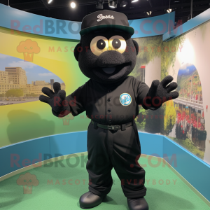 Black Baseball Glove mascot costume character dressed with a Playsuit and Berets