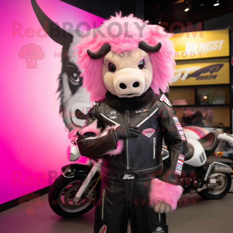 Pink Buffalo mascot costume character dressed with a Moto Jacket and Headbands