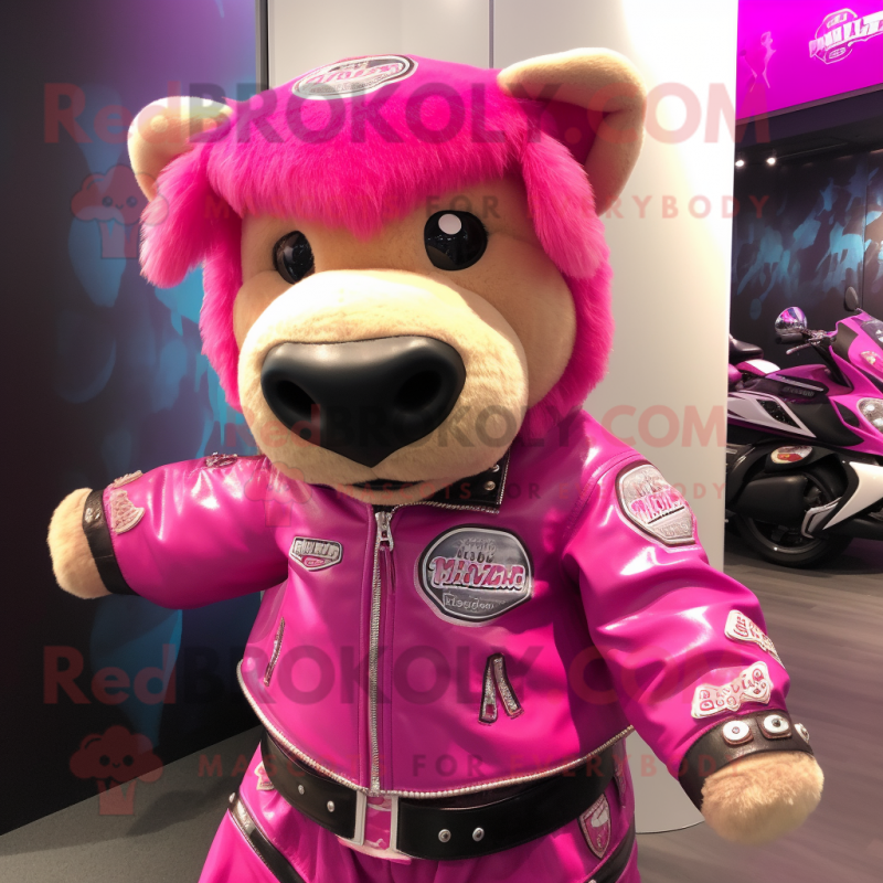 Pink Buffalo mascot costume character dressed with a Moto Jacket and Headbands