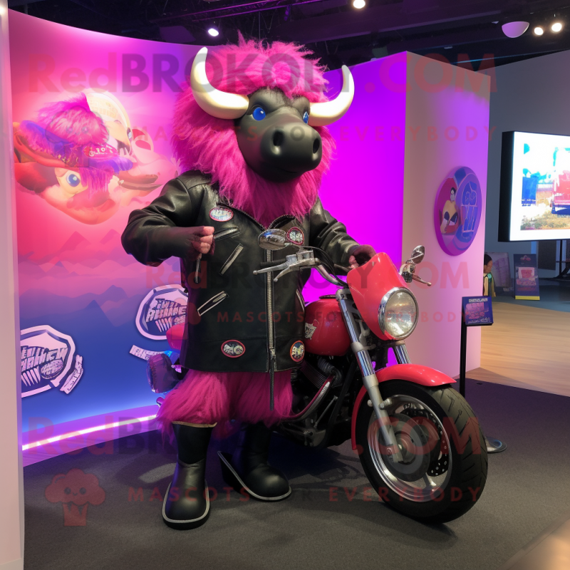 Pink Buffalo mascot costume character dressed with a Moto Jacket and Headbands Pink Buffalo mascot costume character dressed with a Moto Jacket and Headbands