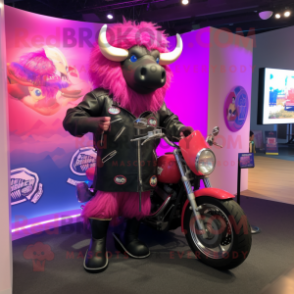 Pink Buffalo mascot costume character dressed with a Moto Jacket and Headbands