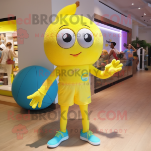 Lemon Yellow But mascot costume character dressed with a Bikini and Shoe laces