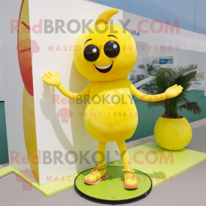 Lemon Yellow But mascot costume character dressed with a Bikini and Shoe laces