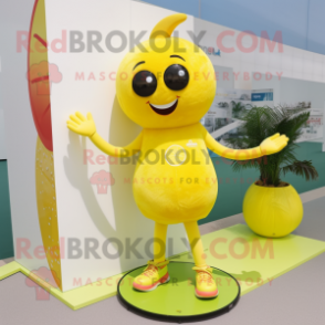 Lemon Yellow But mascot costume character dressed with a Bikini and Shoe laces