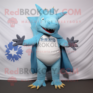 Sky Blue Stegosaurus mascot costume character dressed with a Boyfriend Jeans and Shawls