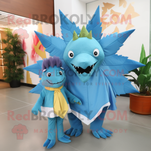 Himmelblå Stegosaurus maskot kostume karakter klædt med en kæreste jeans og sjaler