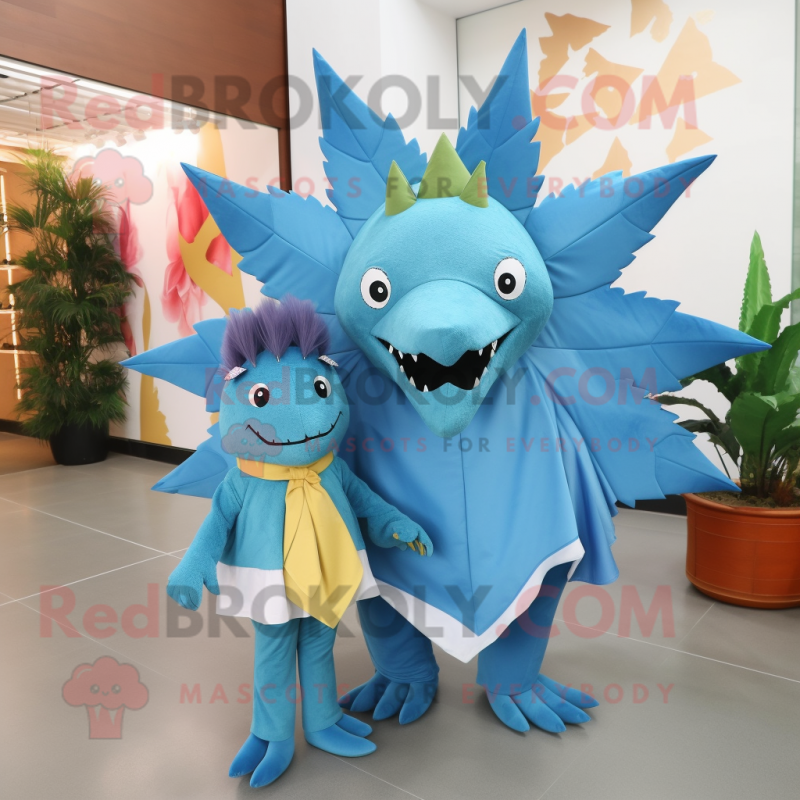 Sky Blue Stegosaurus mascot costume character dressed with a Boyfriend Jeans and Shawls