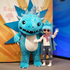 Sky Blue Stegosaurus mascot costume character dressed with a Boyfriend Jeans and Shawls