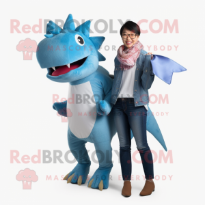 Sky Blue Stegosaurus mascot costume character dressed with a Boyfriend Jeans and Shawls