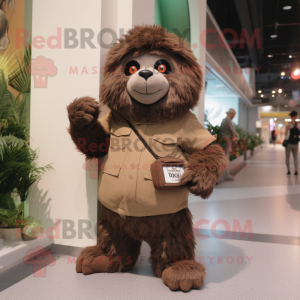 Personaje de disfraz de mascota de oso perezoso marrón vestido con pantalones chinos y llaveros