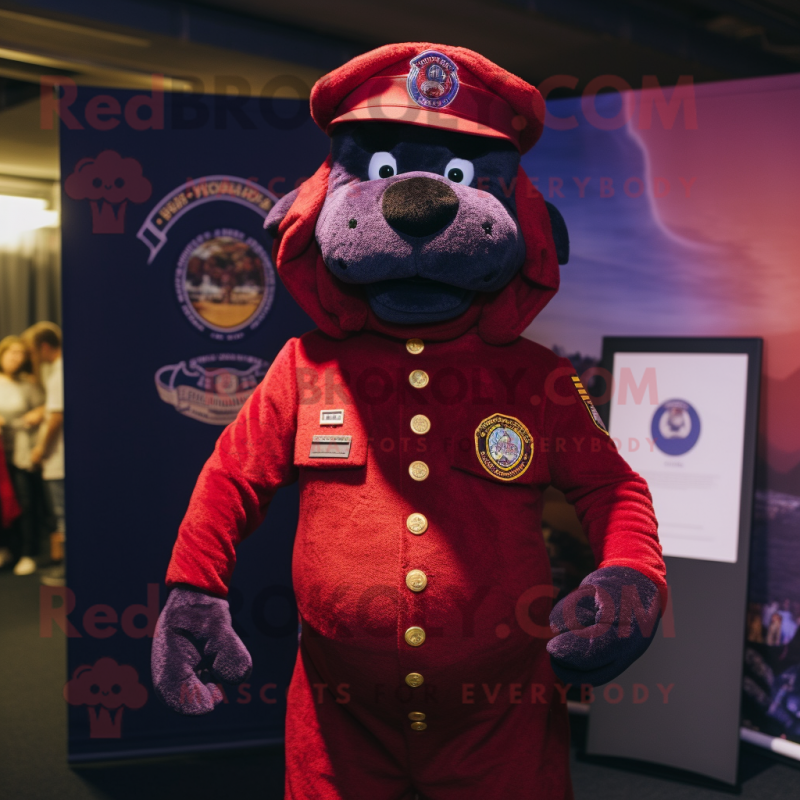 Maroon Navy Seal mascot costume character dressed with a Playsuit and Lapel pins Maroon Navy Seal mascot costume character dressed with a Playsuit and Lapel pins