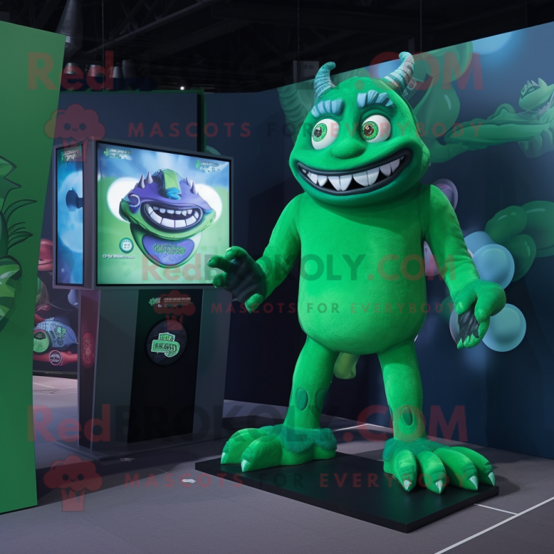 Green Demon mascot costume character dressed with a Playsuit and Watches Green Demon mascot costume character dressed with a Playsuit and Watches