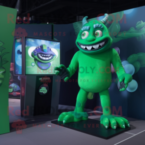 Green Demon mascot costume character dressed with a Playsuit and Watches